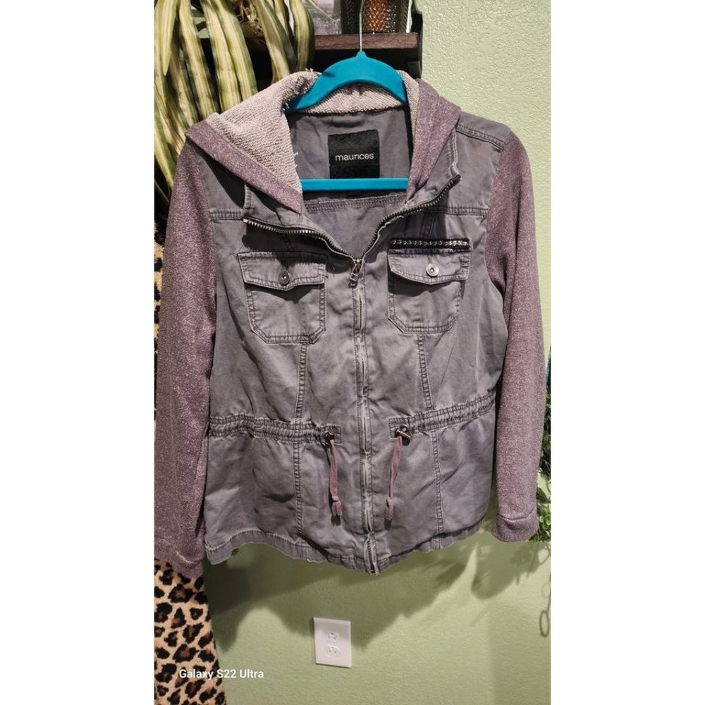 MAURICES Full Zip Stretch Tie Waist Gray Hooded Military Jacket Women's Size L
